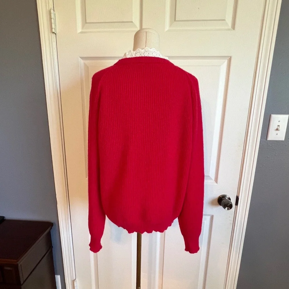 Women's Red Ribbed Knit Sweater with Lace Collar and Rhinestone Heart Buttons‎
